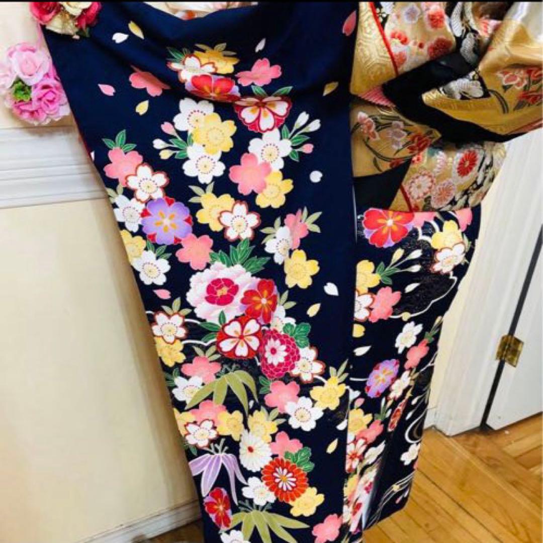 振袖正絹フルセット‼️豪華絢爛紺地×紫 手毬桜金彩金糸刺繍貴賓溢れてる⭐︎ご令嬢振袖