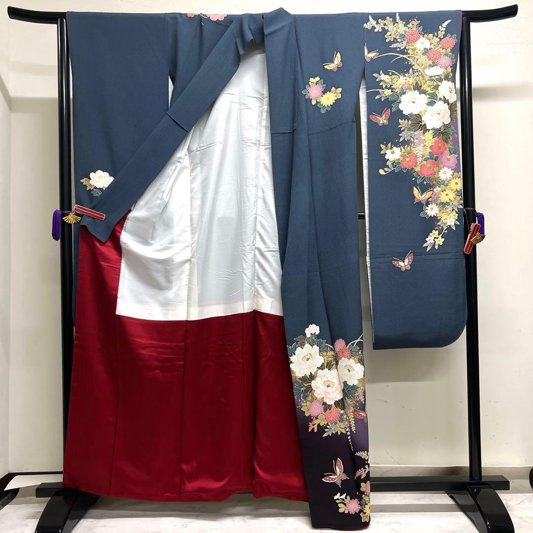 振袖　金彩　牡丹　蝶　藤　菊花　身丈162　裄65　正絹　着物　032tz