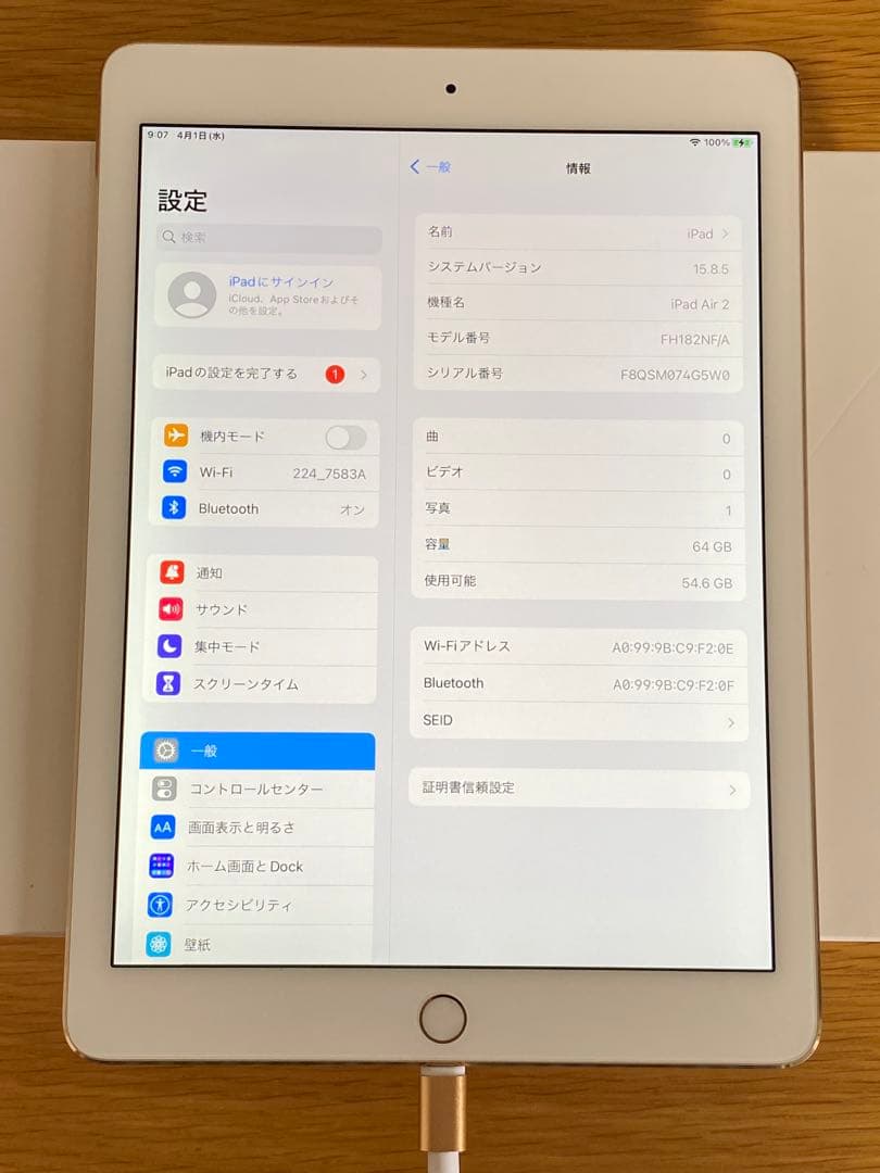 ほぼ未使用iPad Air 第2世代 64GB 充電8回　iPad本体