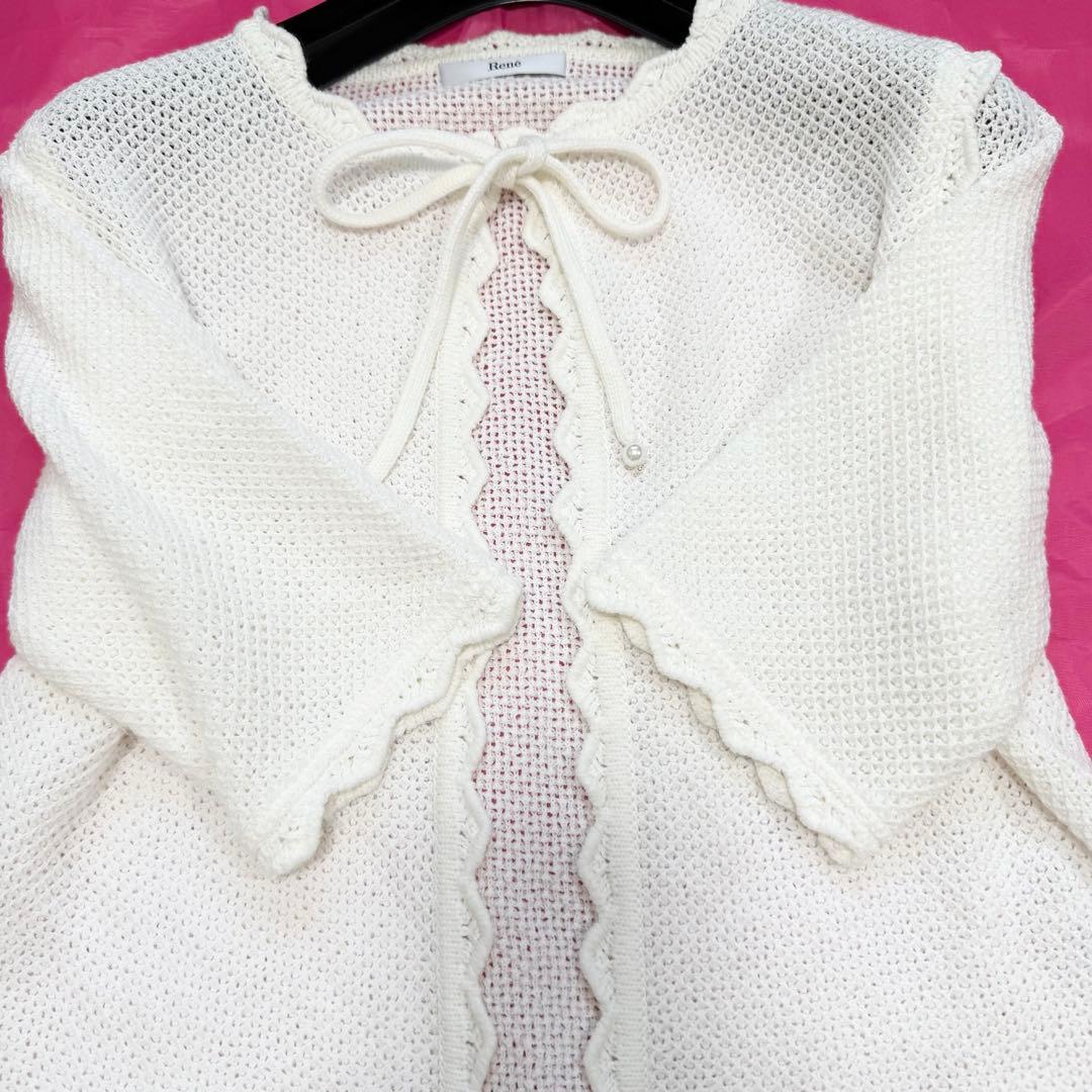 【美品✨】ルネ　カーディガン　羽織り　鹿の子編み リボン　パール　38