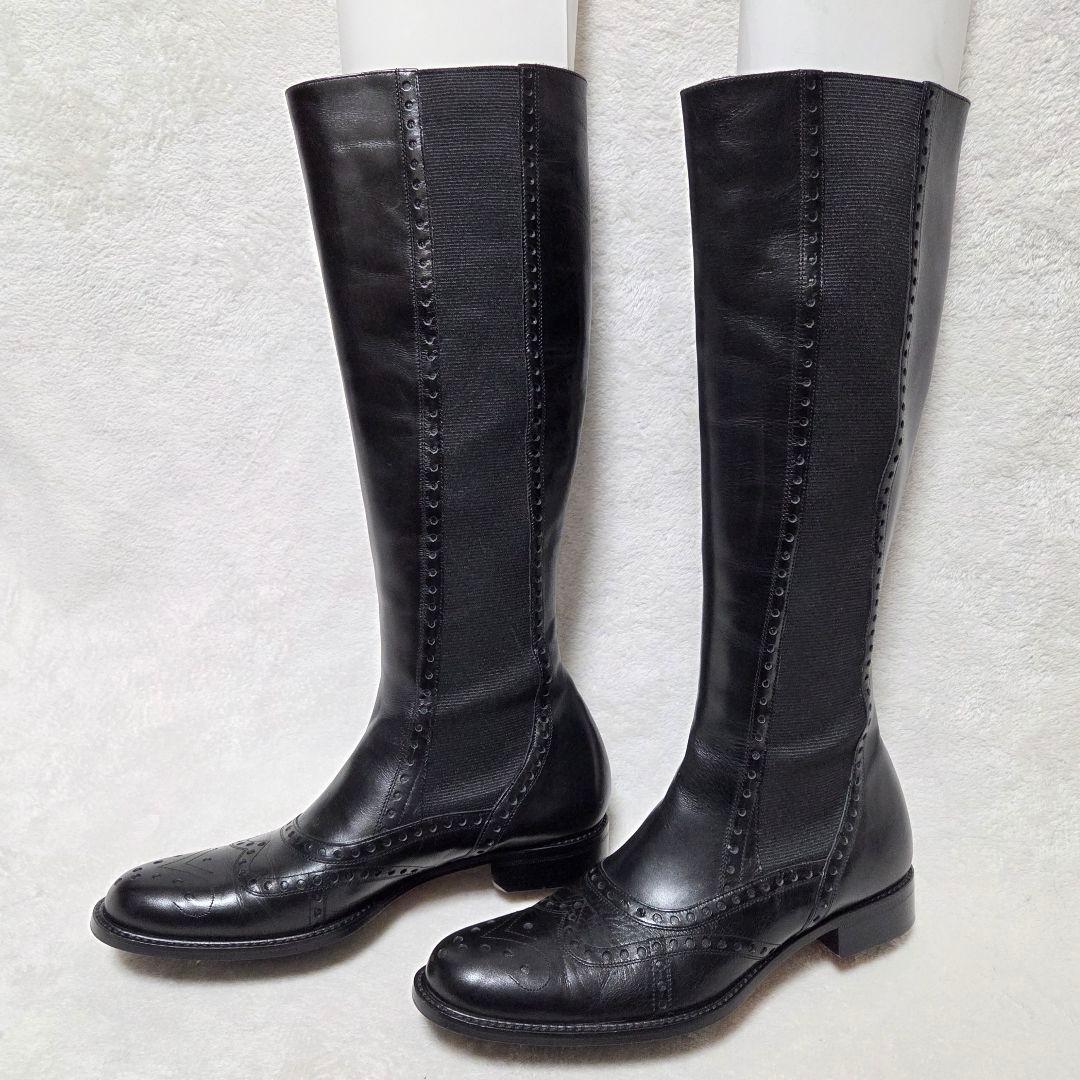 【美品】ALKA レザー サイドゴア ウィングチップ ロングブーツ 黒 24.5