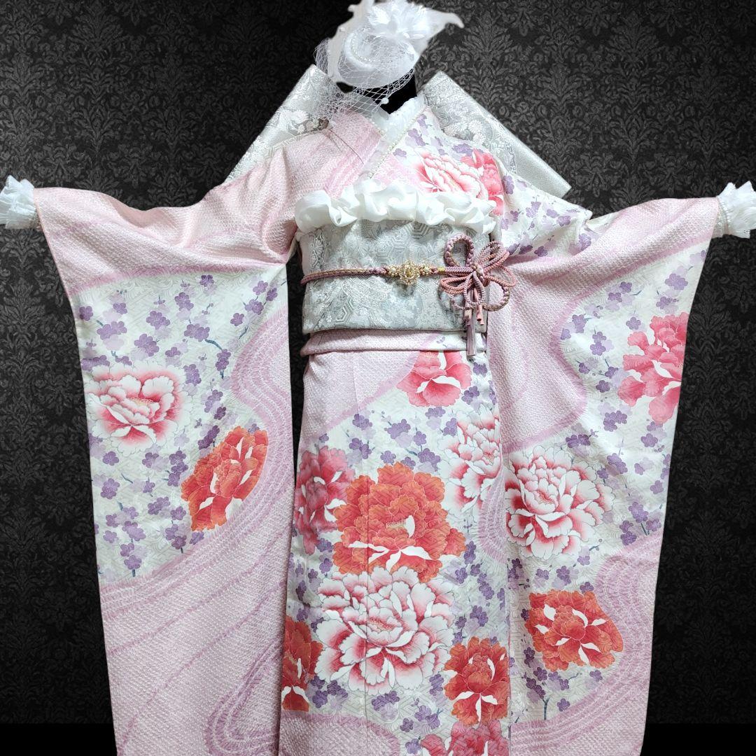 振袖フルセット(9点)・成人式・くすみ・高級手絞り・銀彩加工・大輪牡丹・正絹