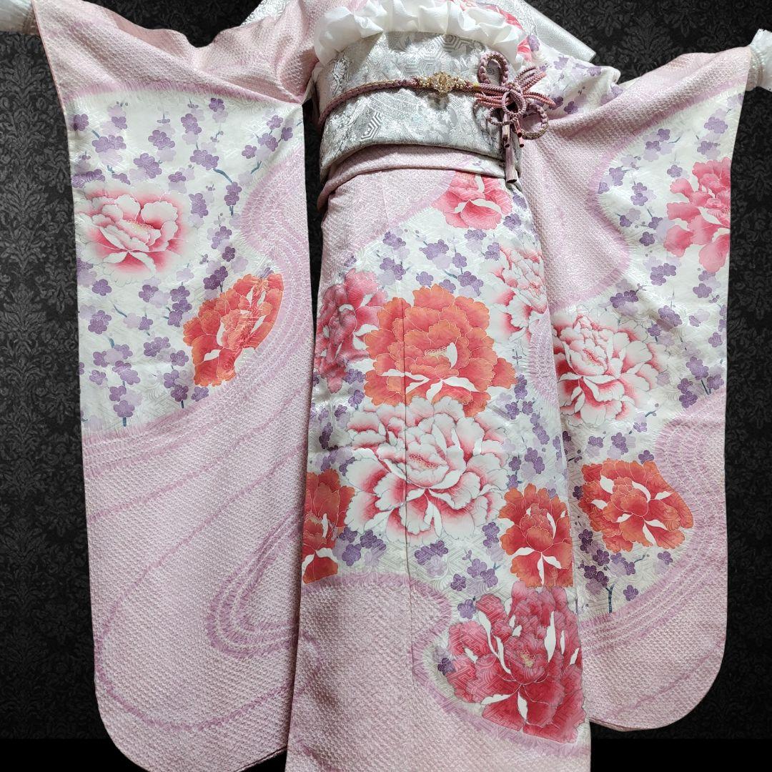 振袖フルセット(9点)・成人式・くすみ・高級手絞り・銀彩加工・大輪牡丹・正絹