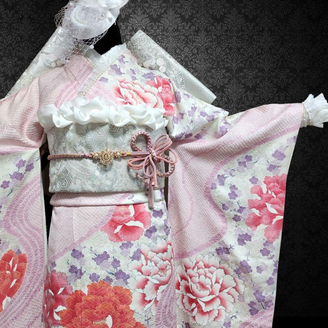 振袖フルセット(9点)・成人式・くすみ・高級手絞り・銀彩加工・大輪牡丹・正絹