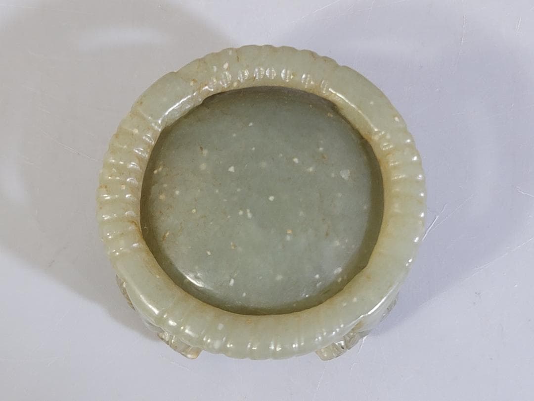 和田玉水孟　幅約6.5㎝　古玉彫刻 花彫紋 細工 書道具 唐物 中国美術 古玩