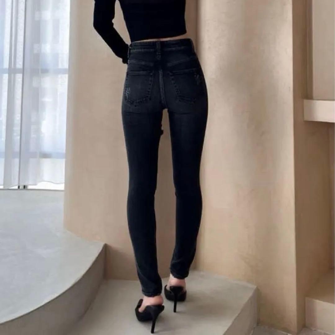 ジェイダ ハイウエストthigh highダメージデニムパンツ ブラック XS