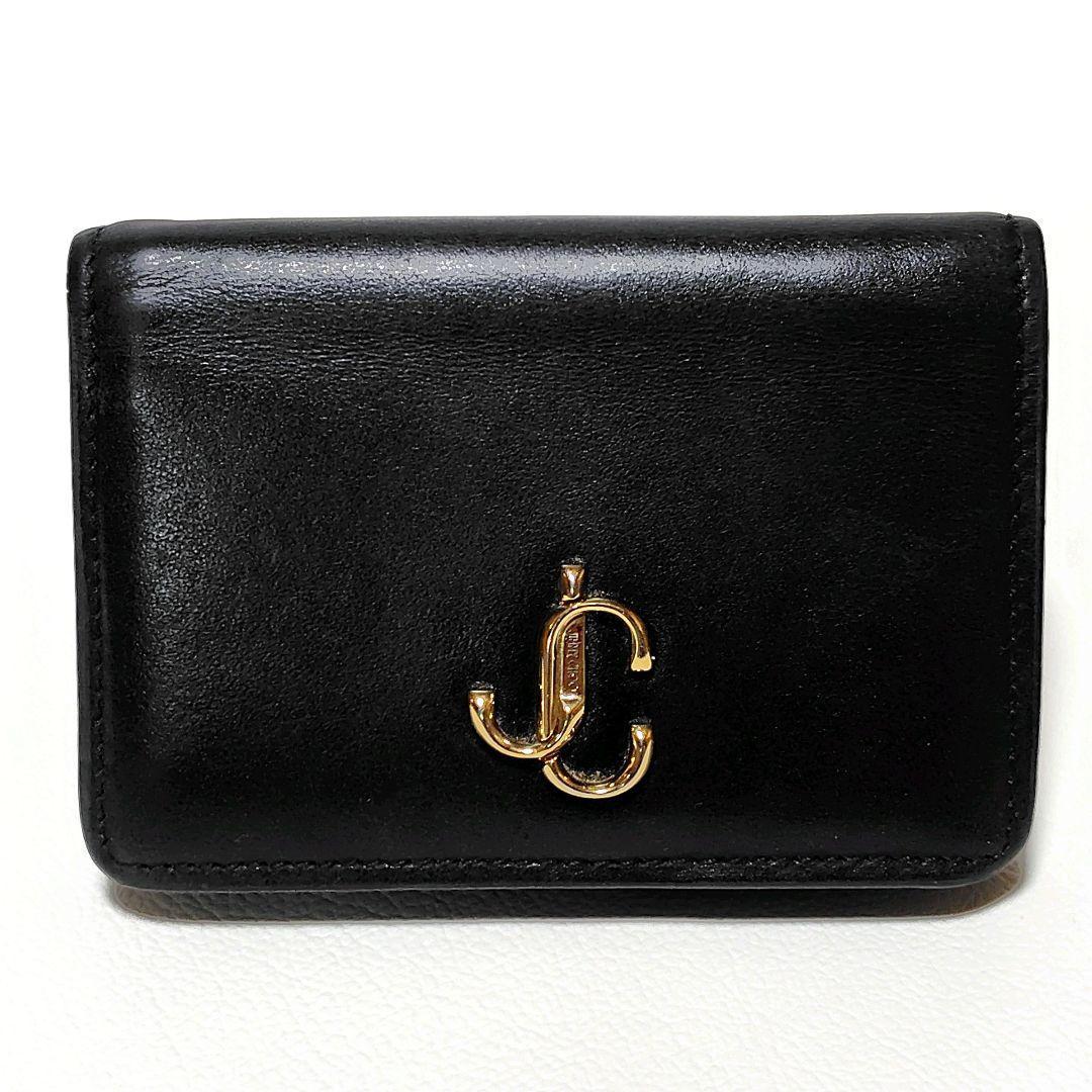 JIMMY CHOO ジミーチュウ　折り財布　黒　レザー　金具ロゴ　シンプル