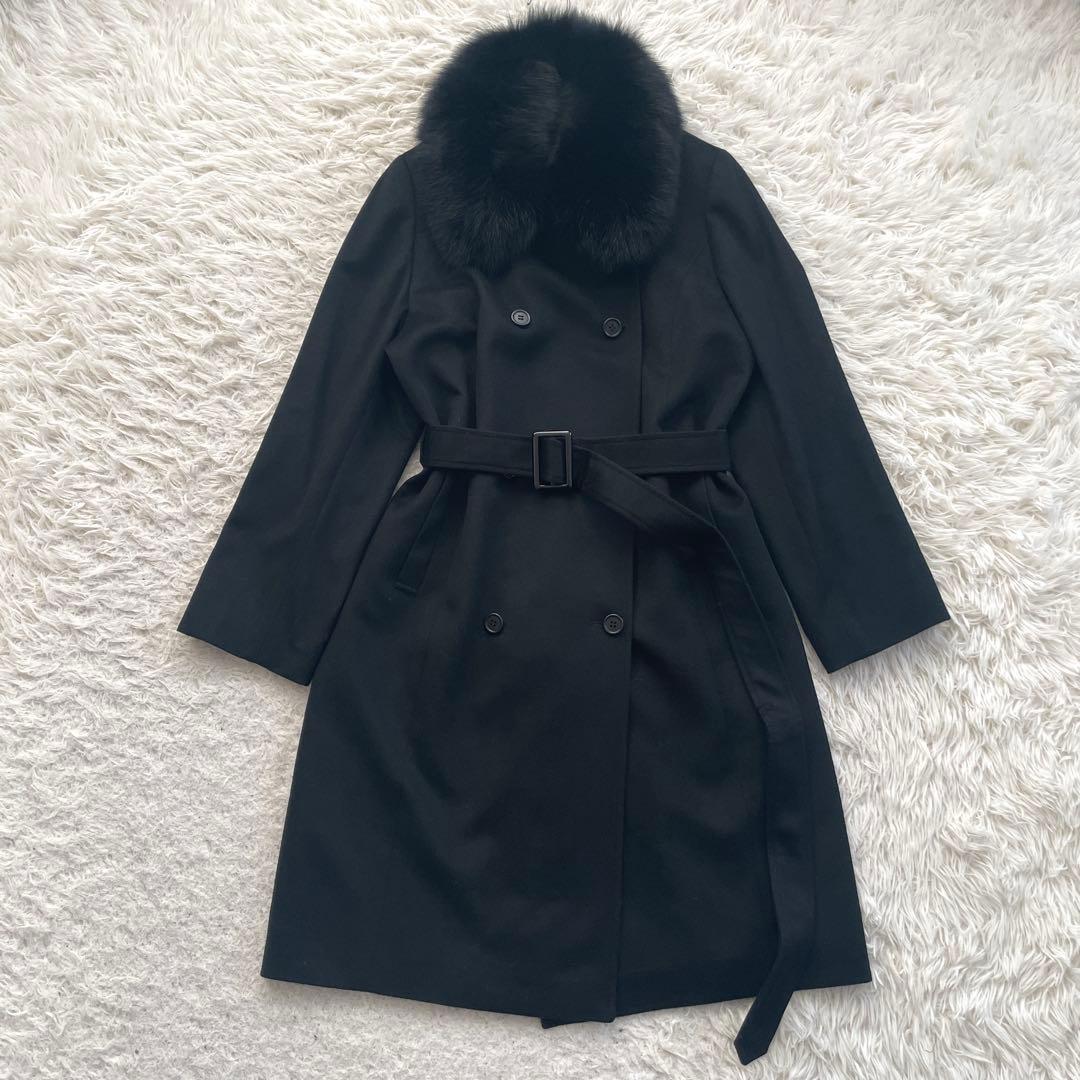 カシミヤ100% Aライン　ファー　ダブル　トレンチ　コート　ロング　2way