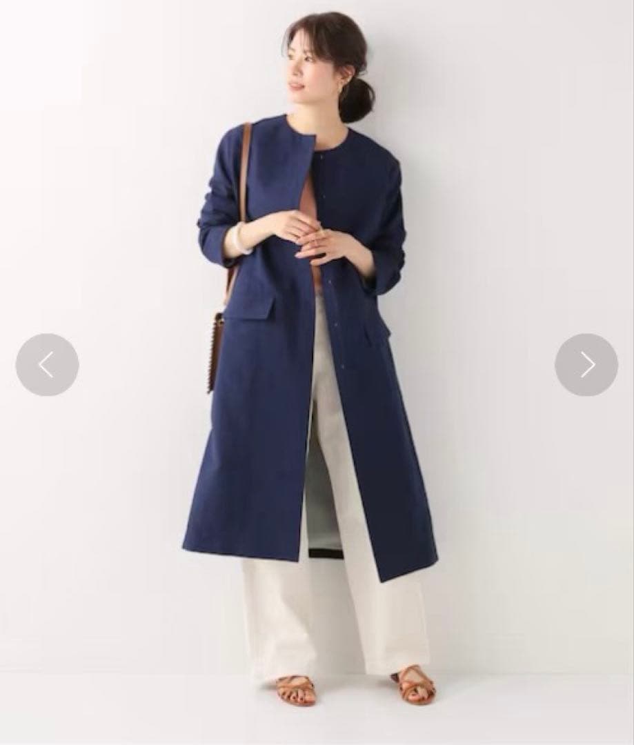 IENA イエナ　ノーカラーコート　ネイビー　サイズ36 コットン リネン混
