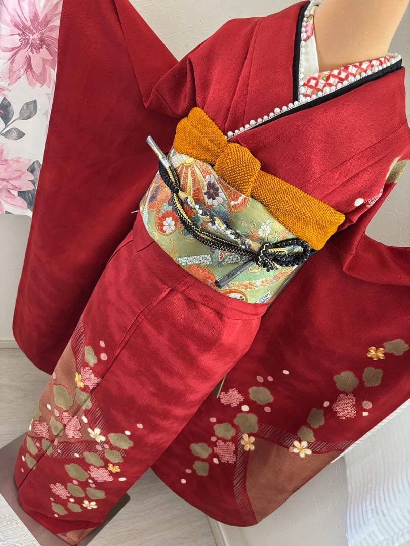 豪華振袖フルセット　正絹振袖フルセット　赤　梅　花柄 成人式に
