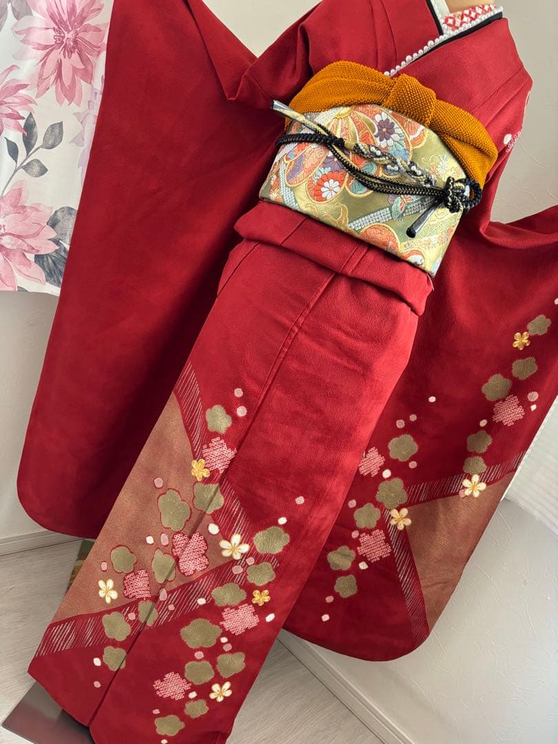 豪華振袖フルセット　正絹振袖フルセット　赤　梅　花柄 成人式に