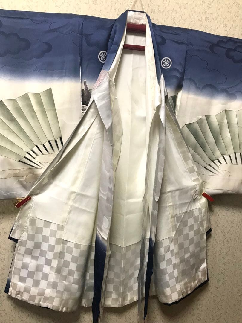 お宮参り着物　男の子　正絹　産着　グレー×紺 鷹と扇子‼️