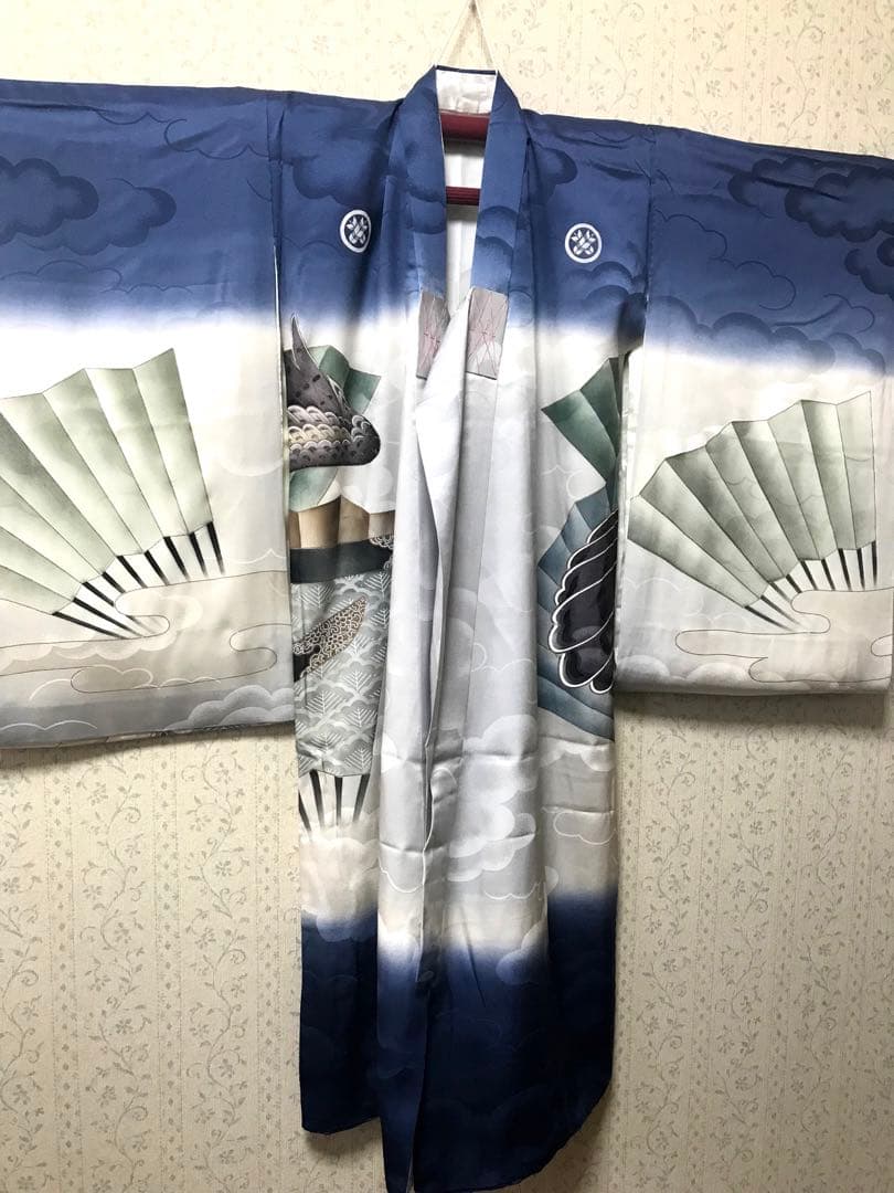 お宮参り着物　男の子　正絹　産着　グレー×紺 鷹と扇子‼️