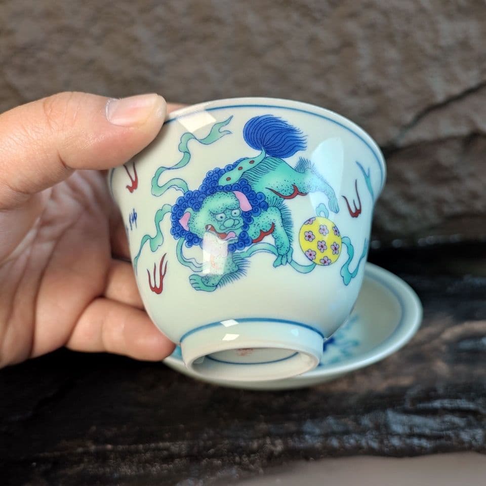 中国茶器 闘彩獅子三才蓋碗 茶器 茶道具 煎茶器 新品未使用