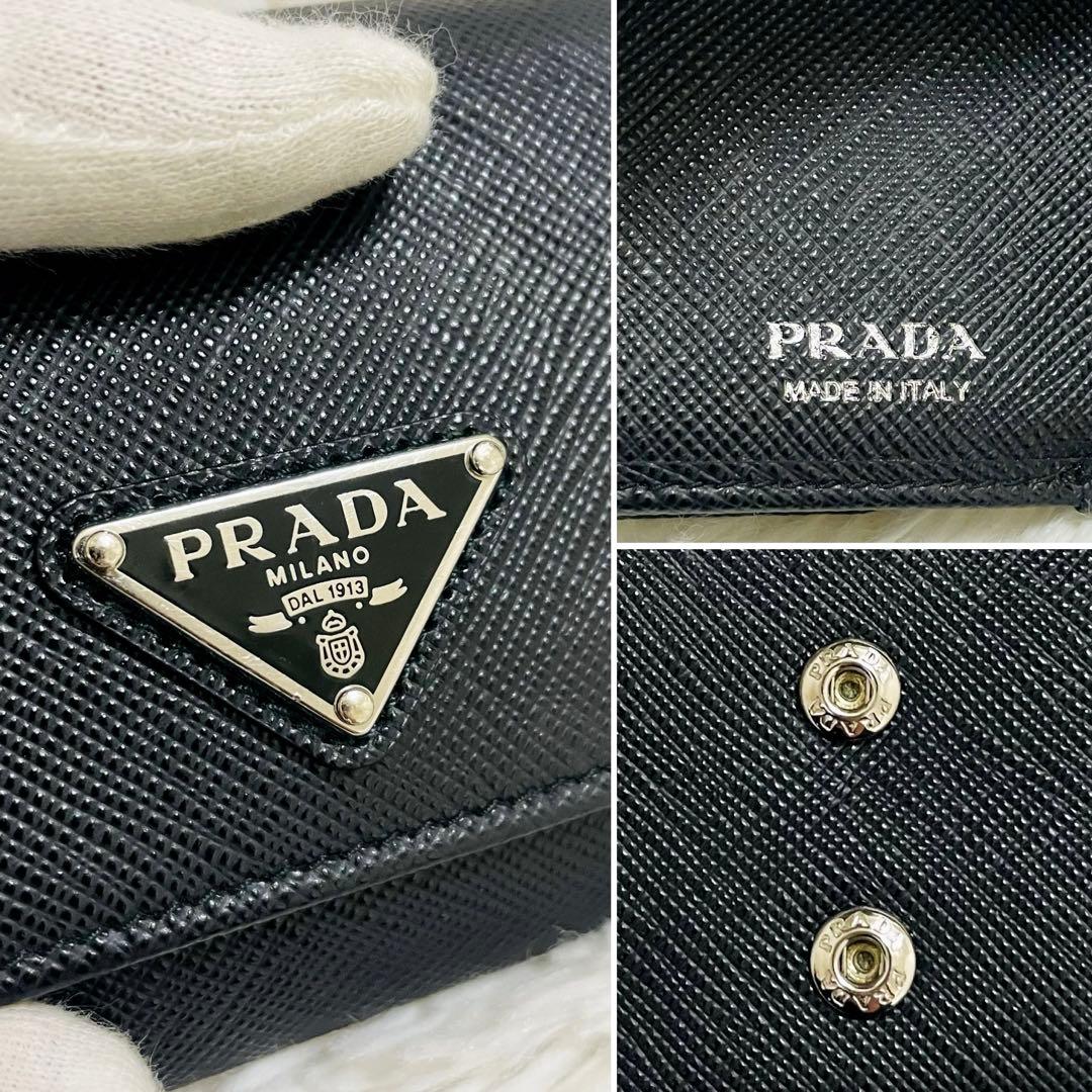 極美✨付属完備✨PRADA 三つ折り財布 サフィアーノ 三角ロゴ レザー 黒