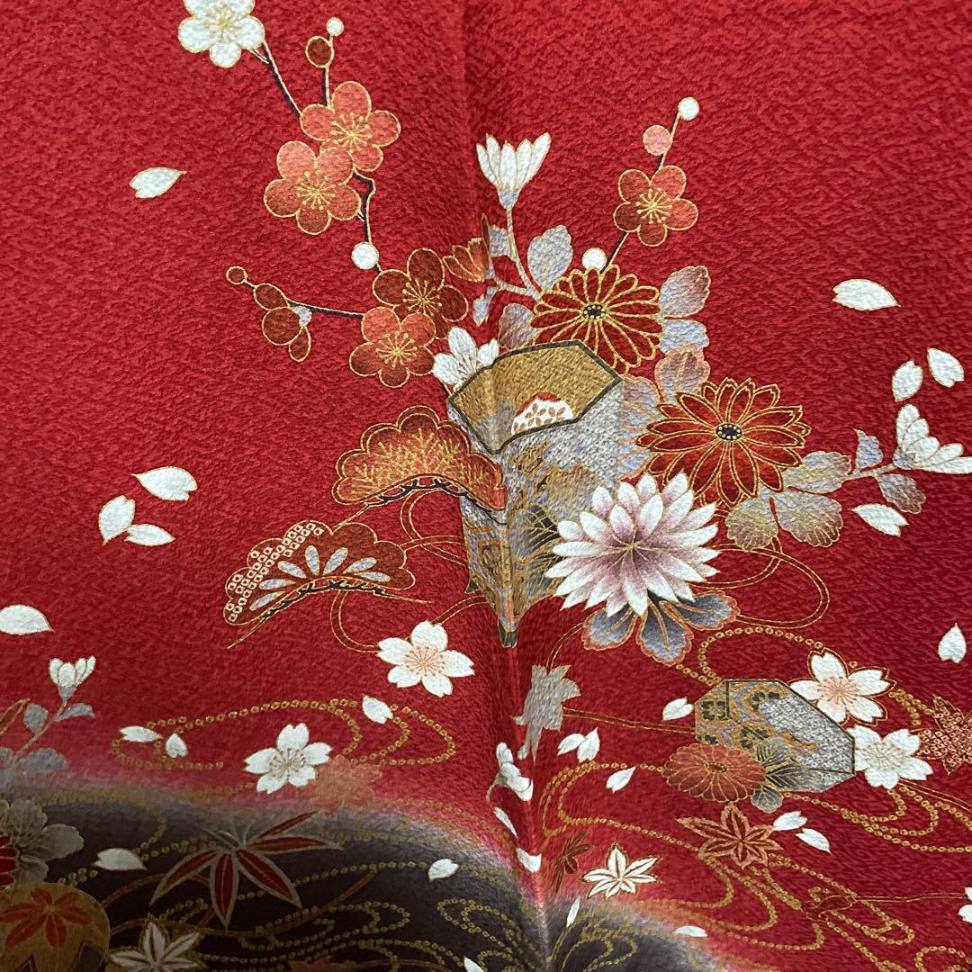 振袖　赤　枝垂れ桜　正絹　成人式　美品