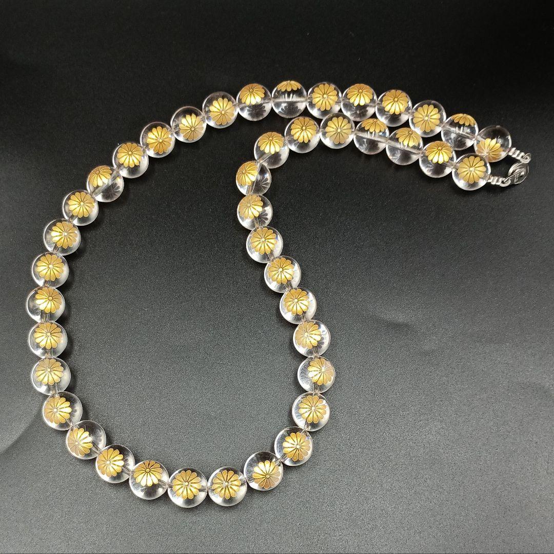 総金菊紋彫り14㎜水晶数珠ネックレス★約60cm／158g