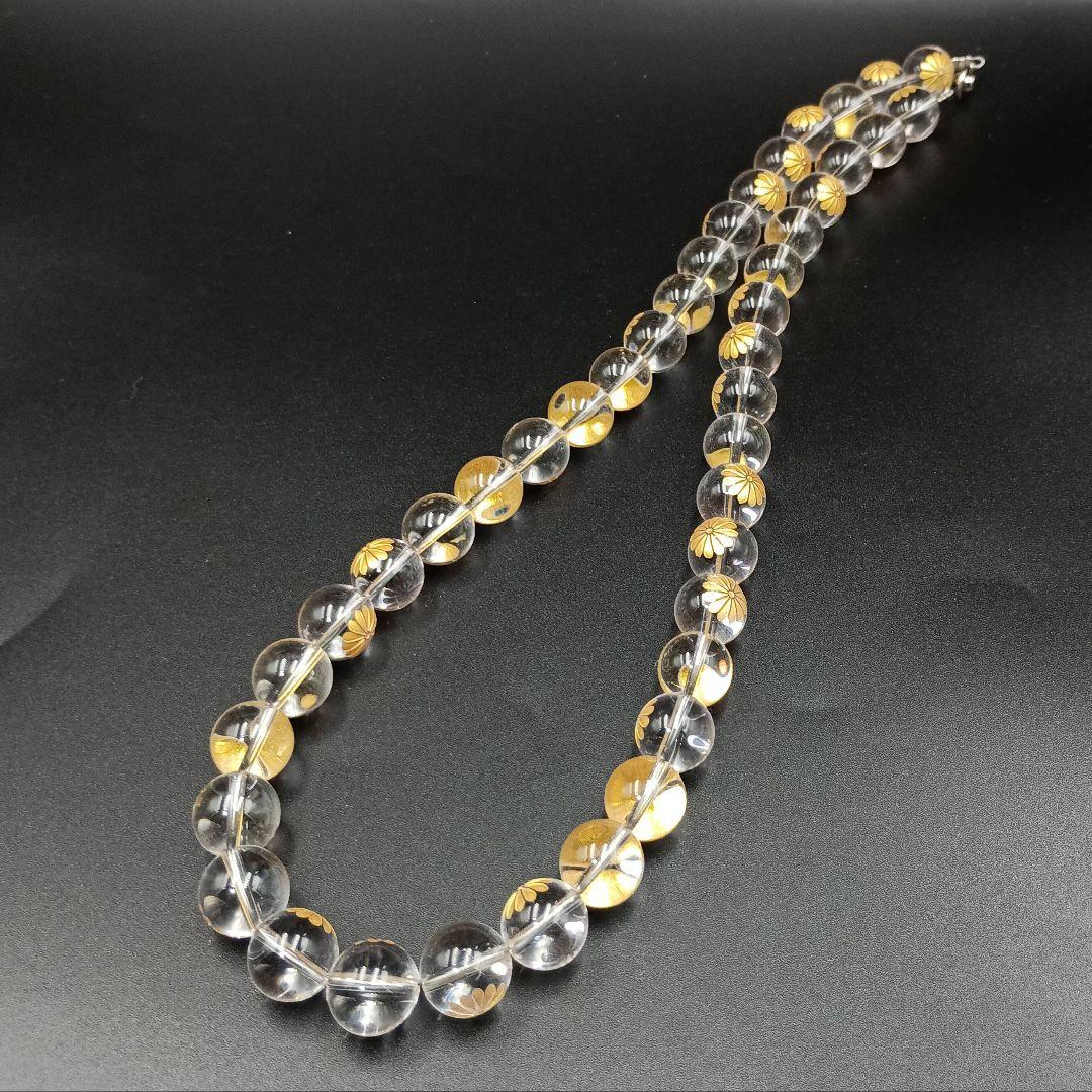 総金菊紋彫り14㎜水晶数珠ネックレス★約60cm／158g