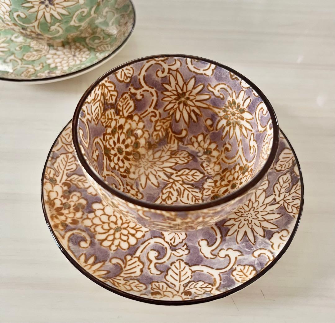 佐橋製陶所　美濃焼　茶器セット　ポット 湯呑み　ミニ皿　唐草模様　色唐草