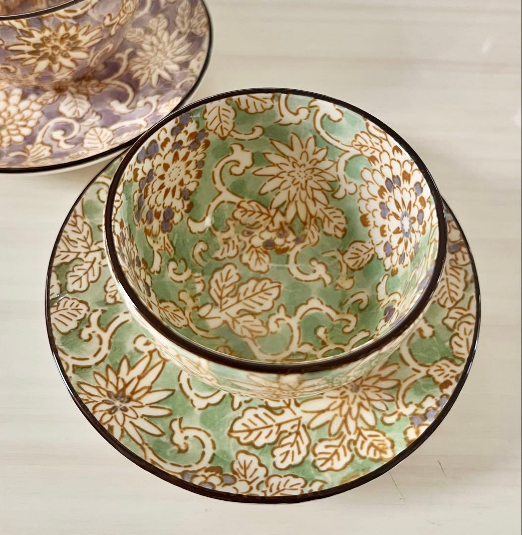 佐橋製陶所　美濃焼　茶器セット　ポット 湯呑み　ミニ皿　唐草模様　色唐草