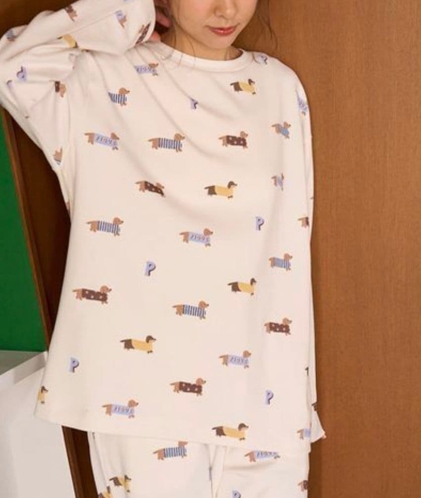 ジェラートピケ ダックスフンド柄ロングTシャツ+ロングパンツ