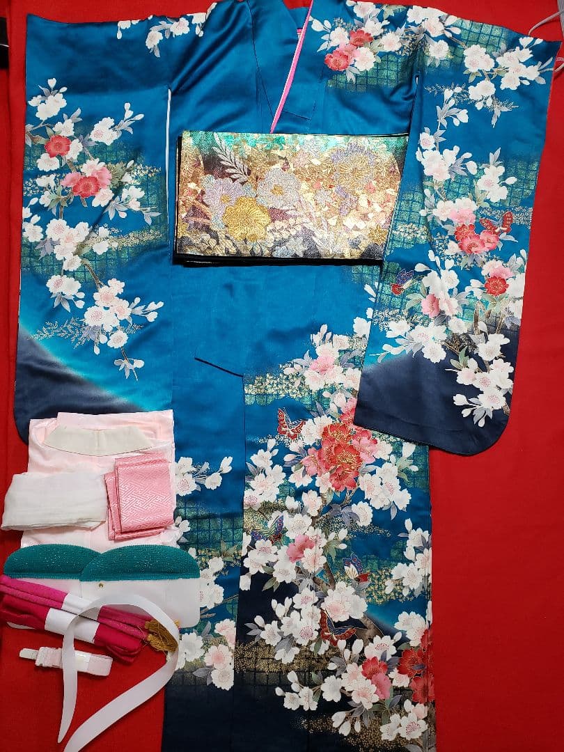 ★振袖★卒業式★振袖　ブルー系　正絹　単品　セット