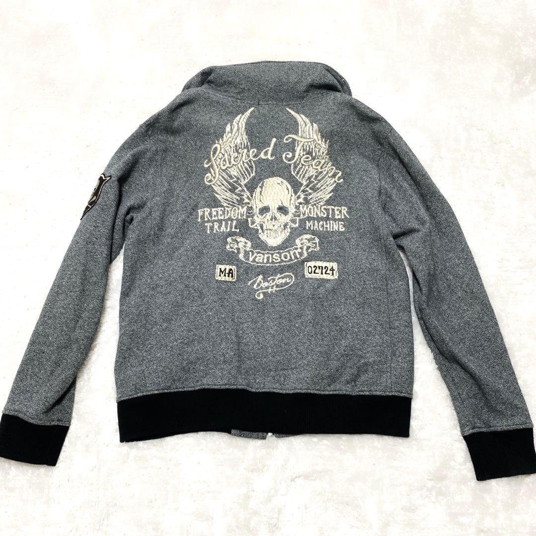 VANSON スカル刺繍 コットン スウェットブルゾン グレー L 2way