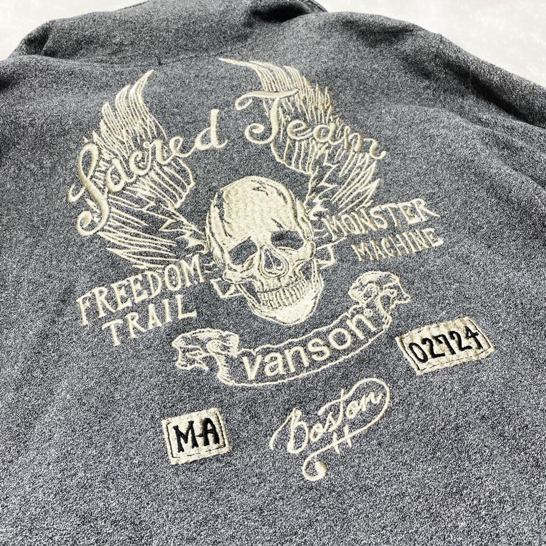 VANSON スカル刺繍 コットン スウェットブルゾン グレー L 2way