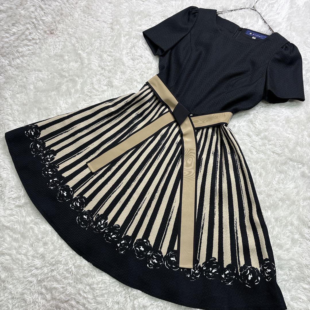 M'S GRACY ワンピース 40 黒 切替 フレア 半袖 上品 フォーマル