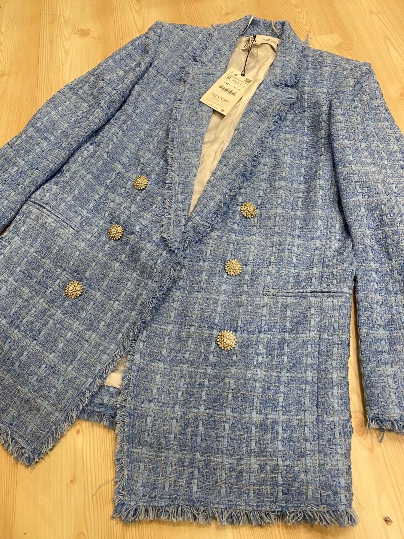 ZARA 新品未使用　青いツイード ダブルブレストジャケット