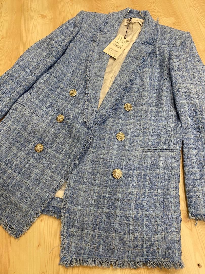 ZARA 新品未使用　青いツイード ダブルブレストジャケット