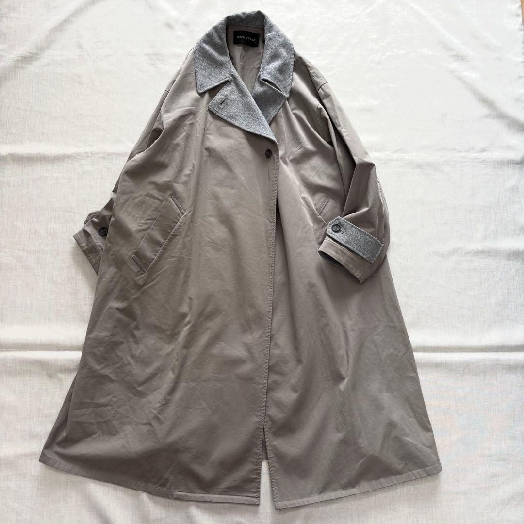 極美品☆ミズイロインド　ワイド　ロングコート　ステンカラー　ウール切替　ベージュ