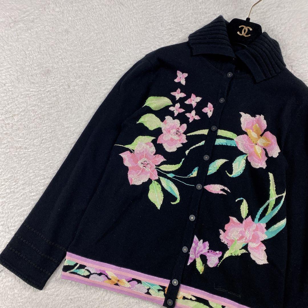 美品/カシミヤ＆シルク 現行タグ レオナール 花柄 カーディガン L タートル黒