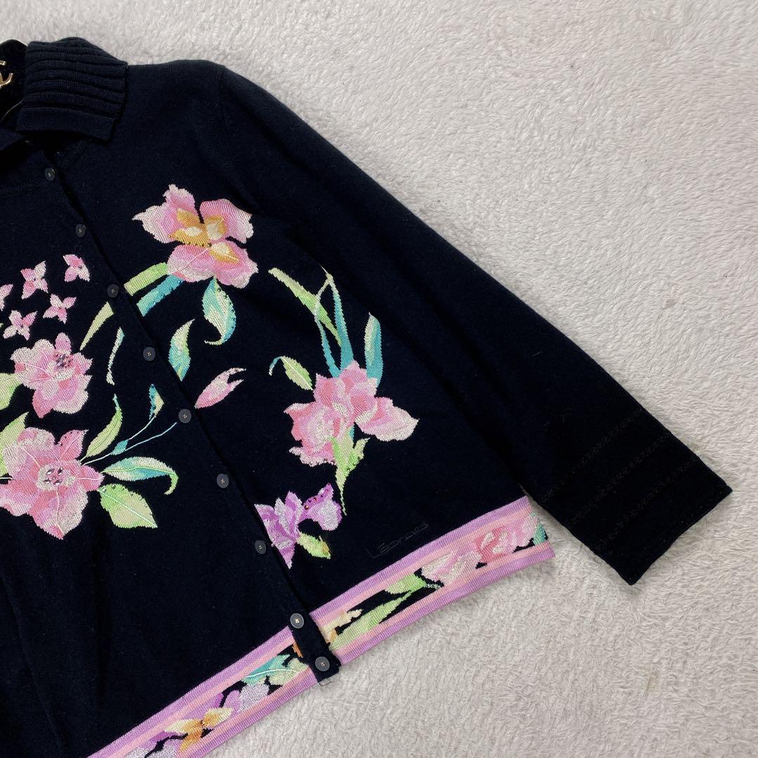 美品/カシミヤ＆シルク 現行タグ レオナール 花柄 カーディガン L タートル黒