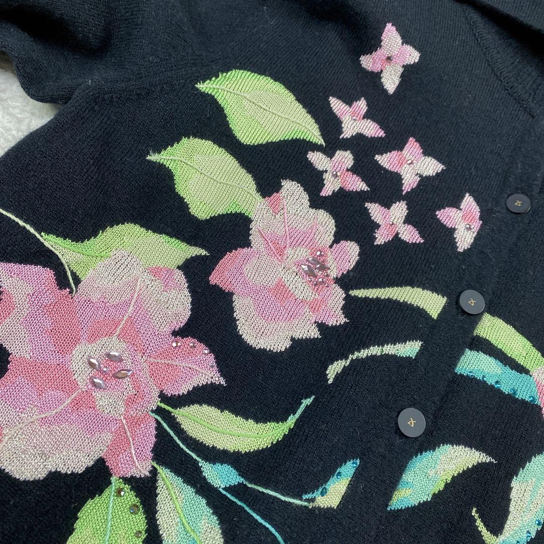 美品/カシミヤ＆シルク 現行タグ レオナール 花柄 カーディガン L タートル黒