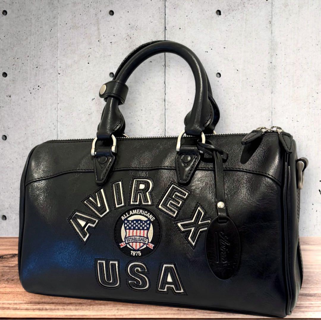 美品‼️AVIREX レザー ミニ ボストンバッグ ブラック USA ロゴ 高品質