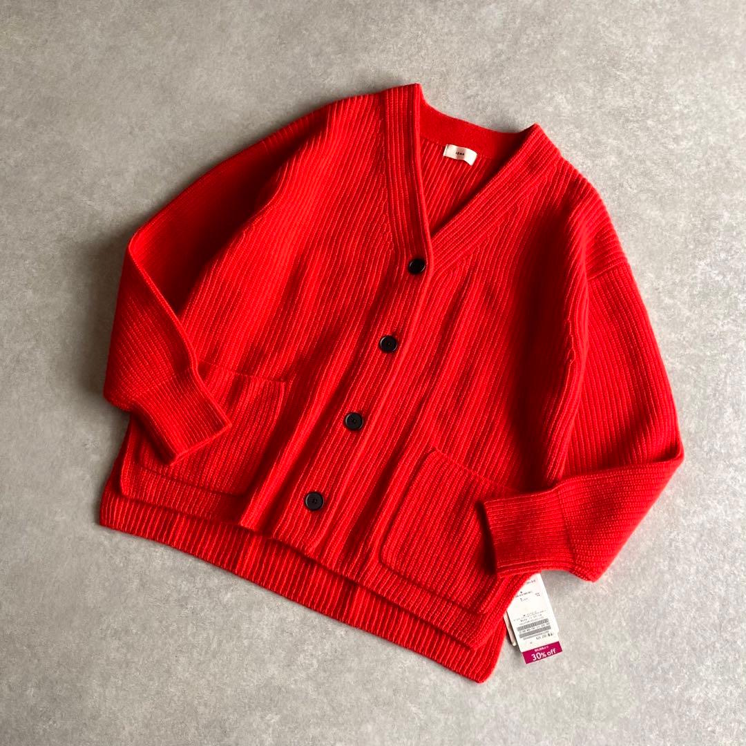 IENA AQUA ウール カシミヤ 畦ボックスシルエット カーディガン レッド