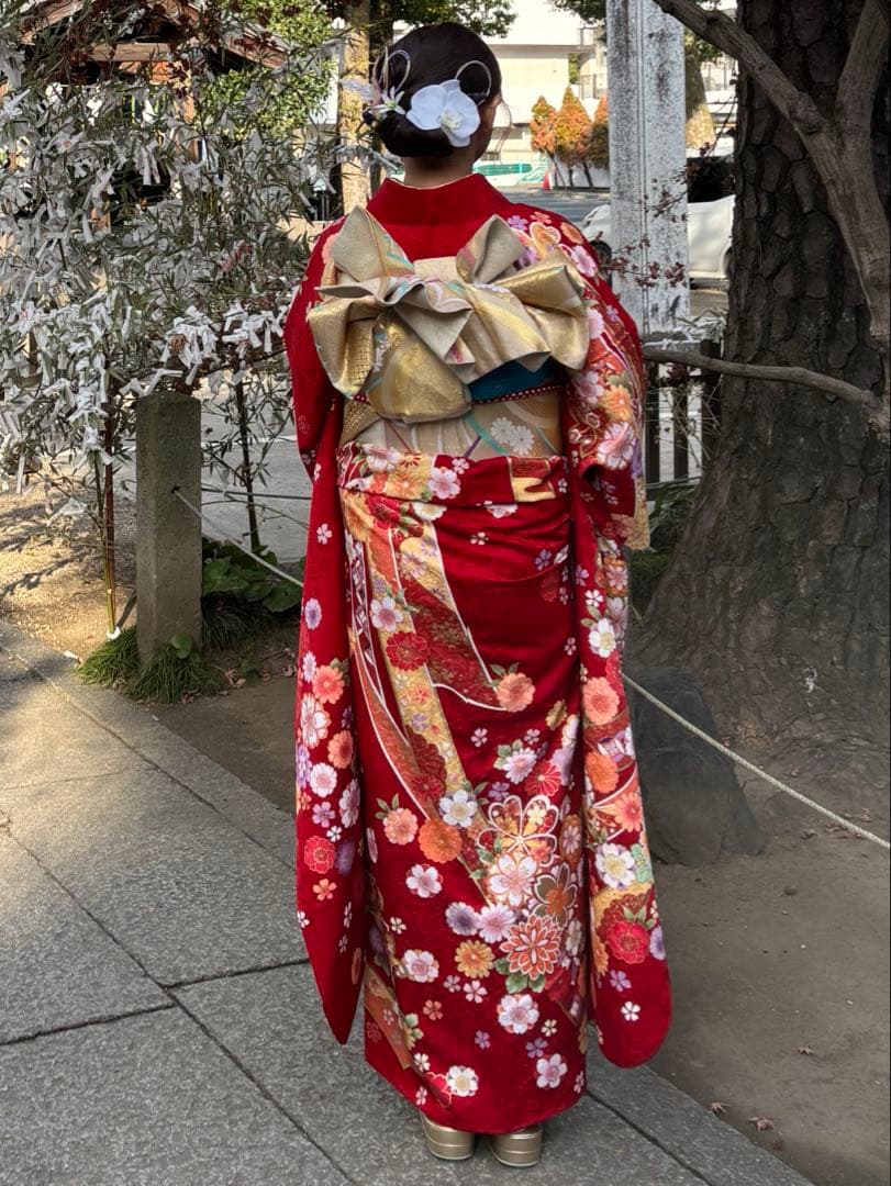 赤色 花柄 振袖 着物フルセット