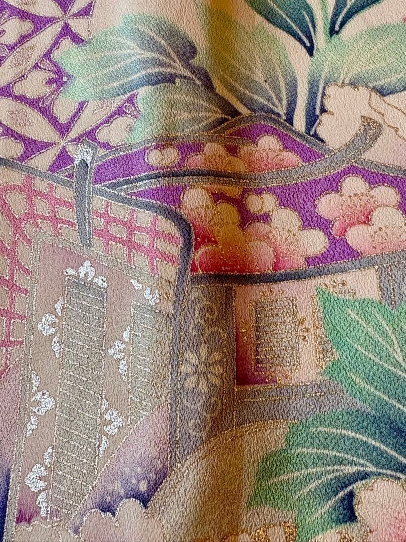 お手入れ済 豪華友禅染め 銀加工 刺繍 薄ピンク色 花柄 振袖 佐賀錦袋帯付