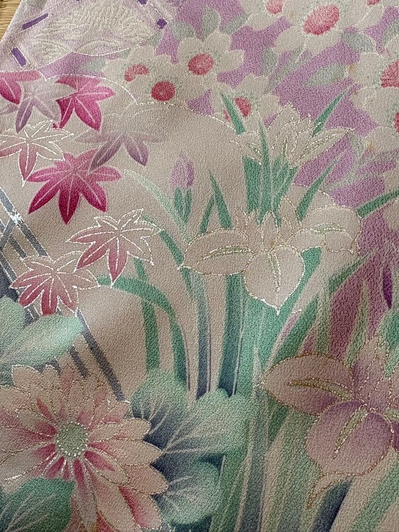 お手入れ済 豪華友禅染め 銀加工 刺繍 薄ピンク色 花柄 振袖 佐賀錦袋帯付