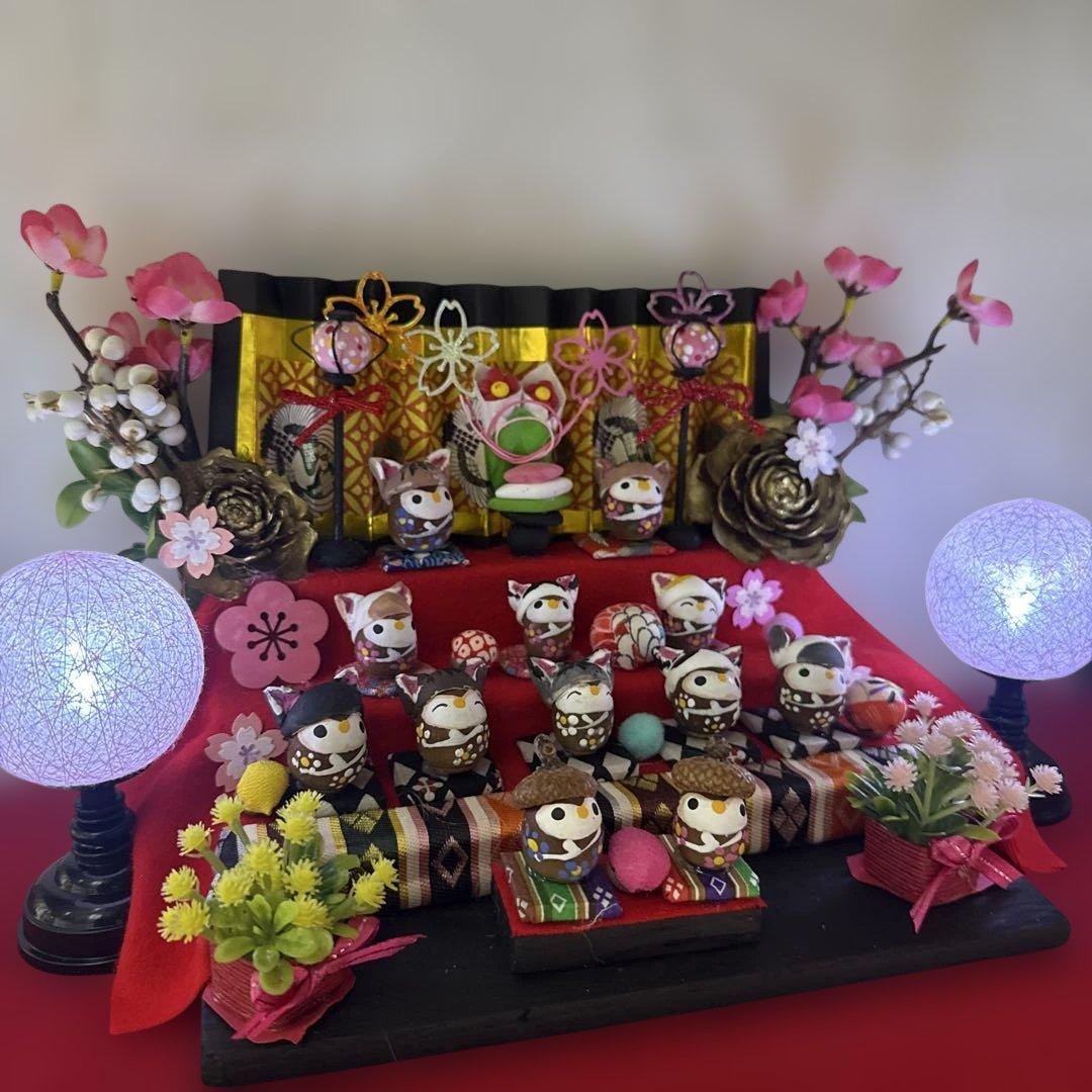 どんぐりアート♡三段飾りねこ帽子お雛様オブジェ♡