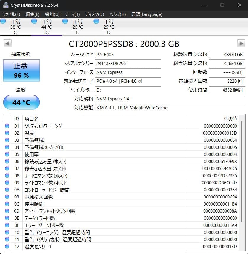 crucial P5 Plus M.2 2TB 4532時間 4532時間
