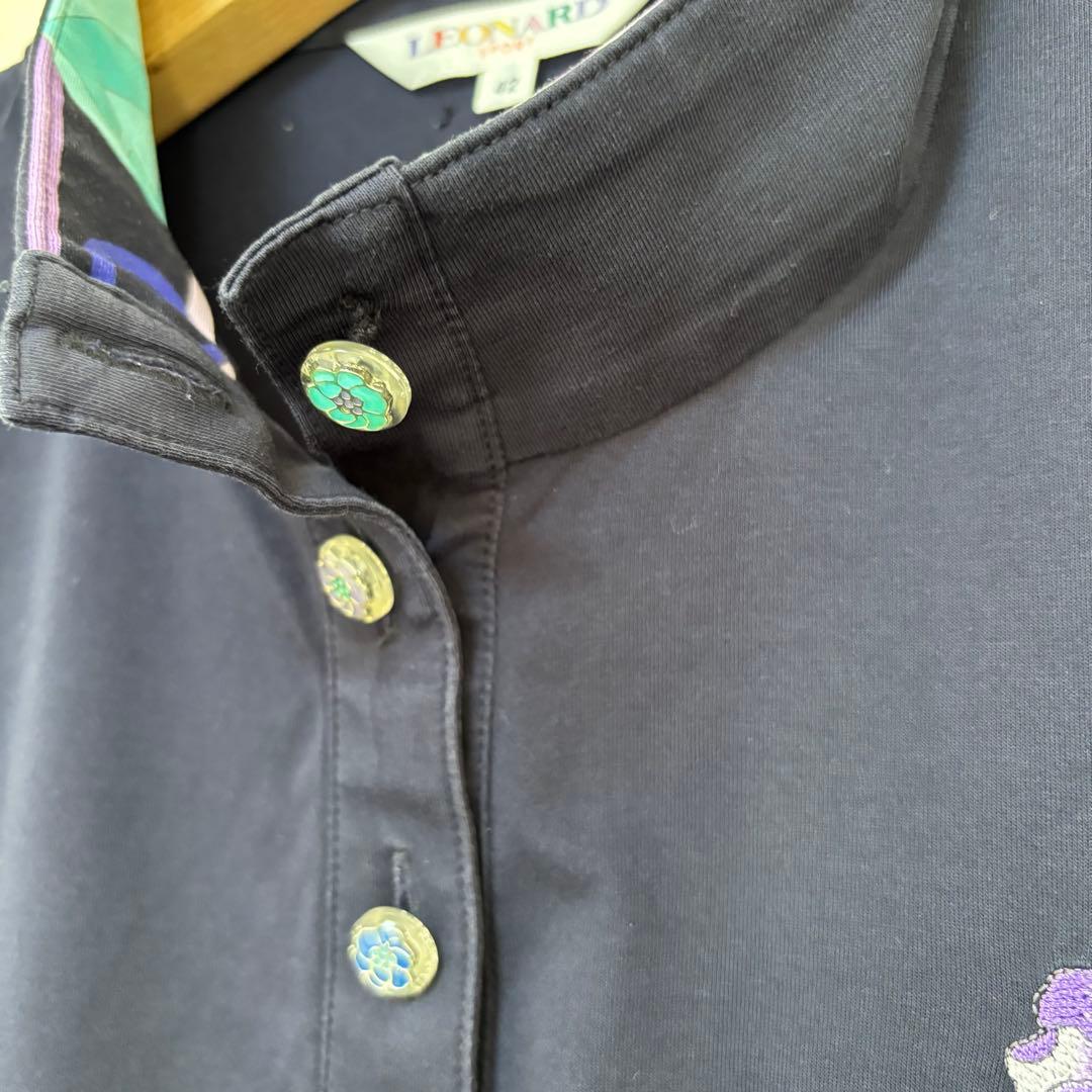 LEONARD SPORT ポロシャツ 42 花柄切替 L刺繍 紺 レオナール