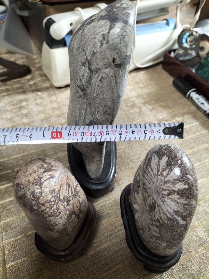 菊花石 花模様の彫刻石 3点セット