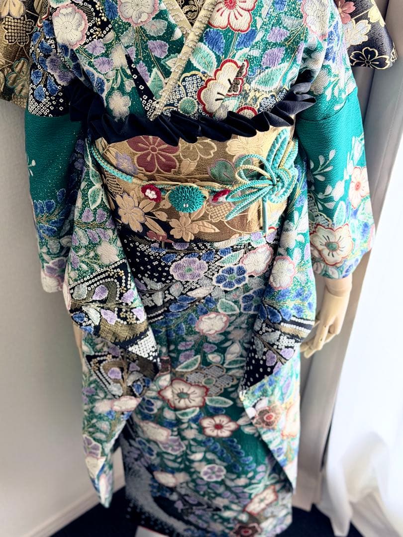 高級　振袖 エメラルドグリーン　金　辻ヶ花　振袖フルセット