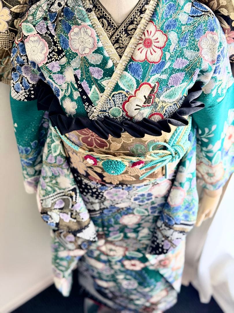 高級　振袖 エメラルドグリーン　金　辻ヶ花　振袖フルセット