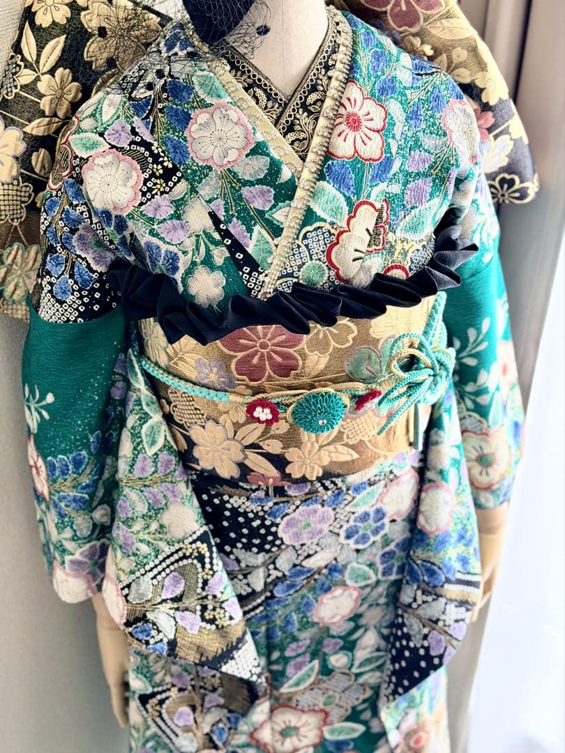高級　振袖 エメラルドグリーン　金　辻ヶ花　振袖フルセット