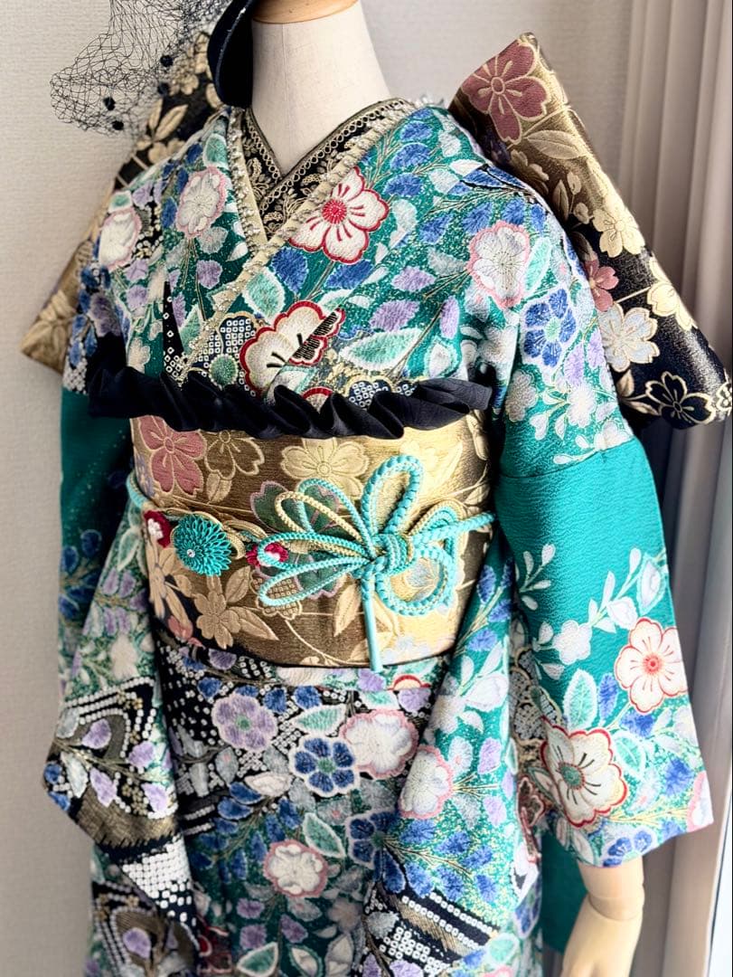 高級　振袖 エメラルドグリーン　金　辻ヶ花　振袖フルセット