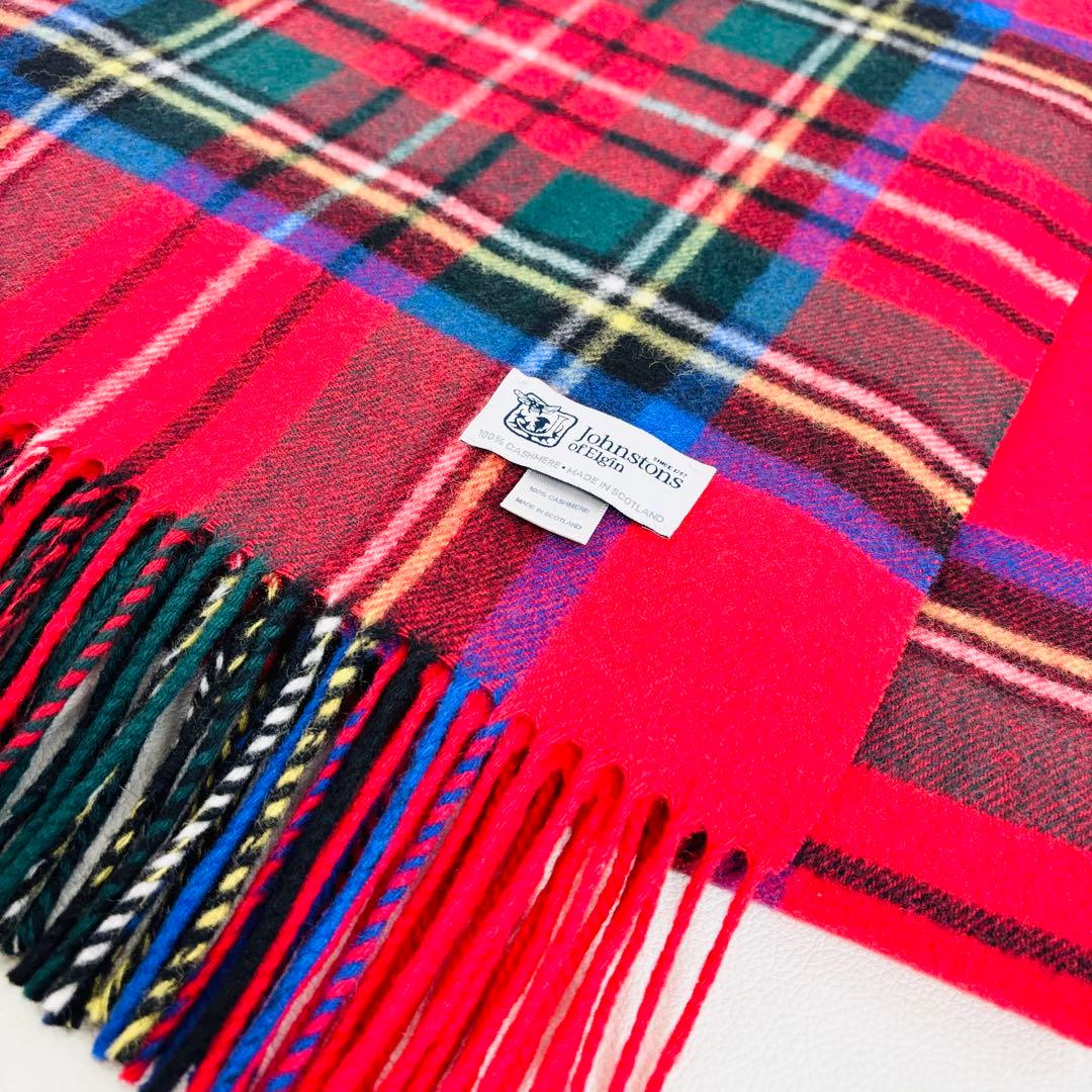 1835【極美品】ジョンストンズ 大判ストール カシミヤ100% チェック 赤