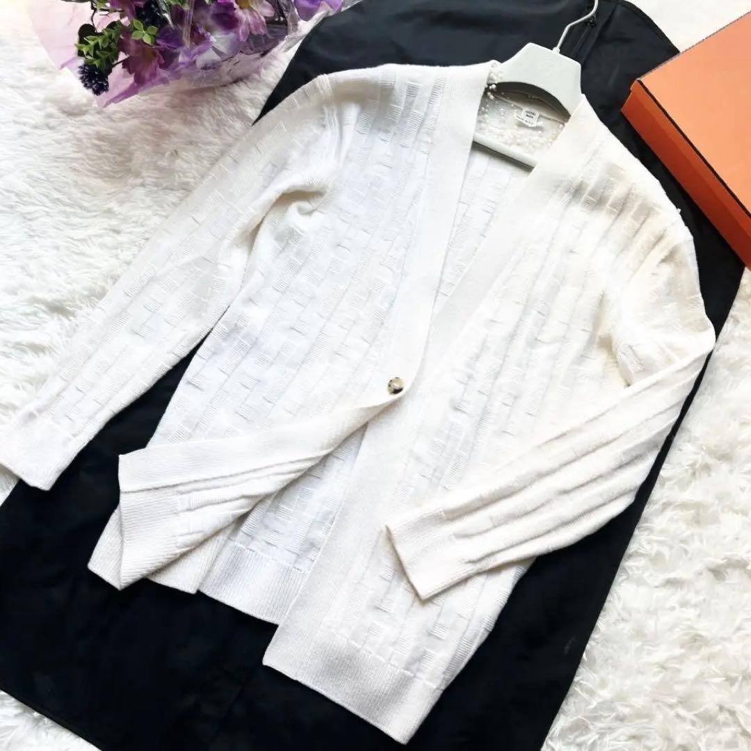 美品　HERMES エルメス　ニット　カーディガン　ウール　ホワイト　ロゴ